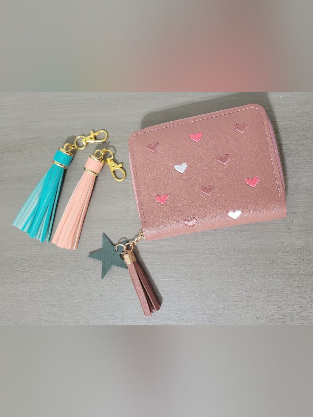 Heart Accent Pink Zip Arond Wallet with 3 Tassels